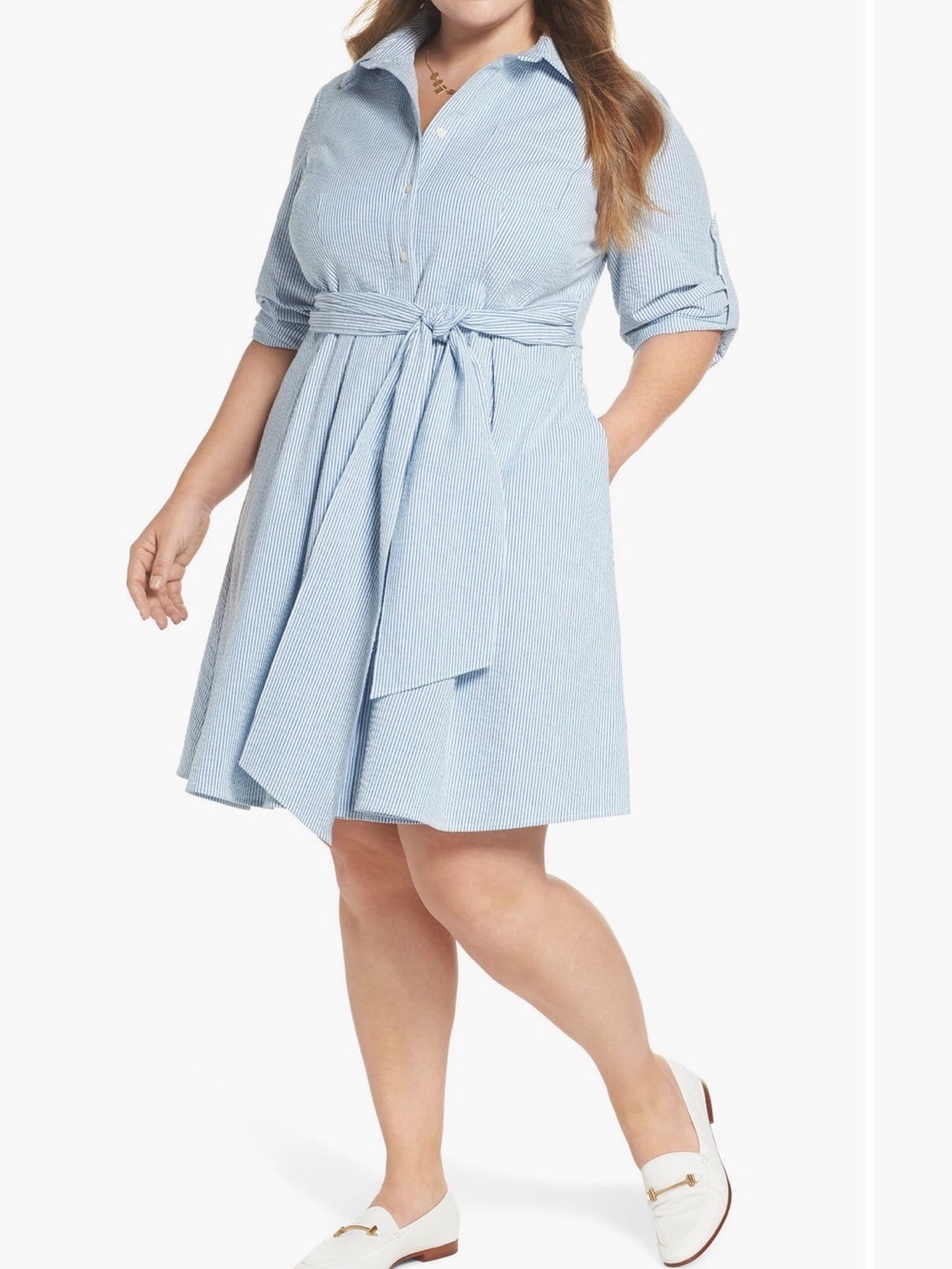 1901 Light Blue Striped Tie-Waist Shirt Dress